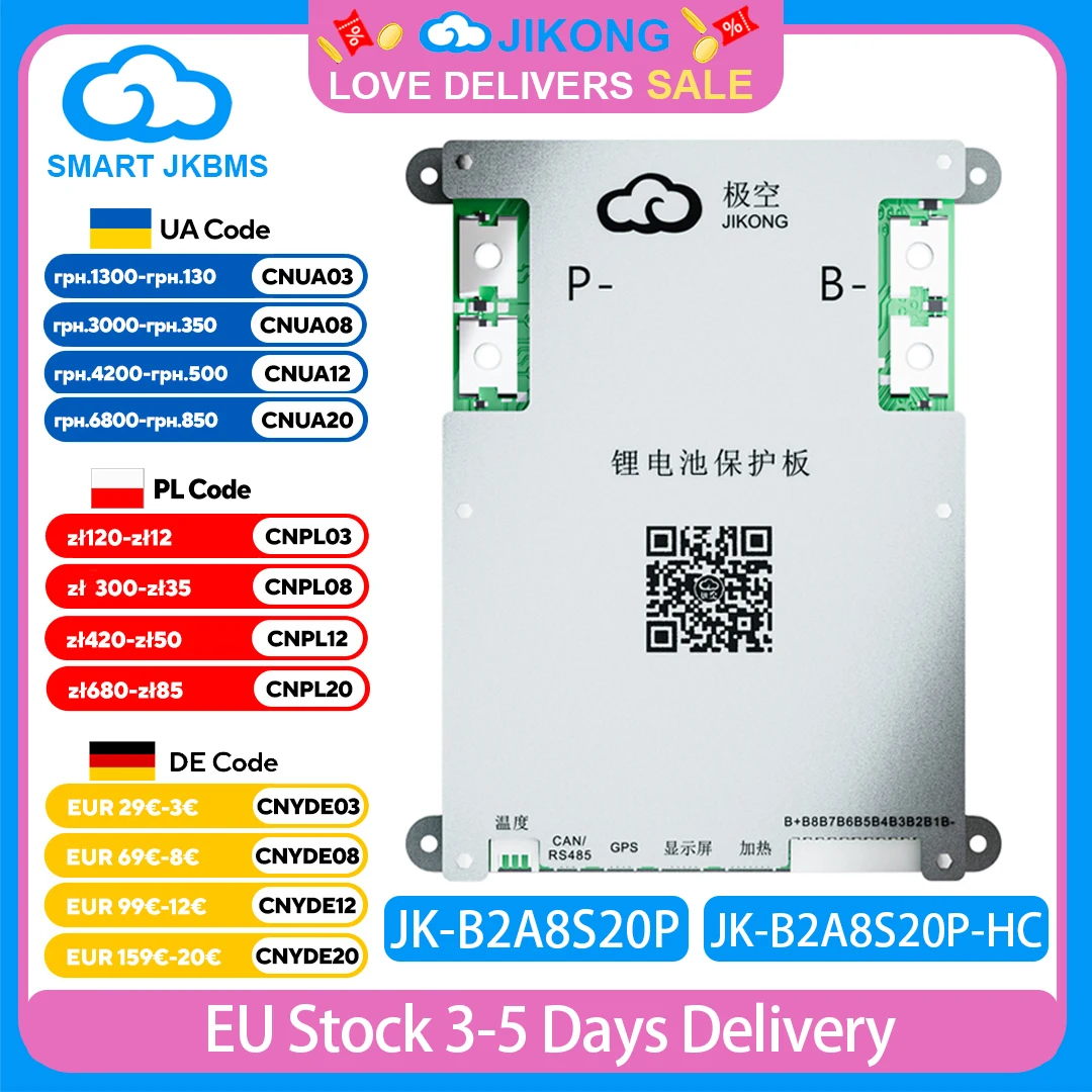 

JIKONG JK BMS B2A8S20P Smart BMS 3S~8S with BT APP CAN RS485 2A 24V Active Balance BMS for Lifepo4 Li-ion LTO Battery JKBMS 200A