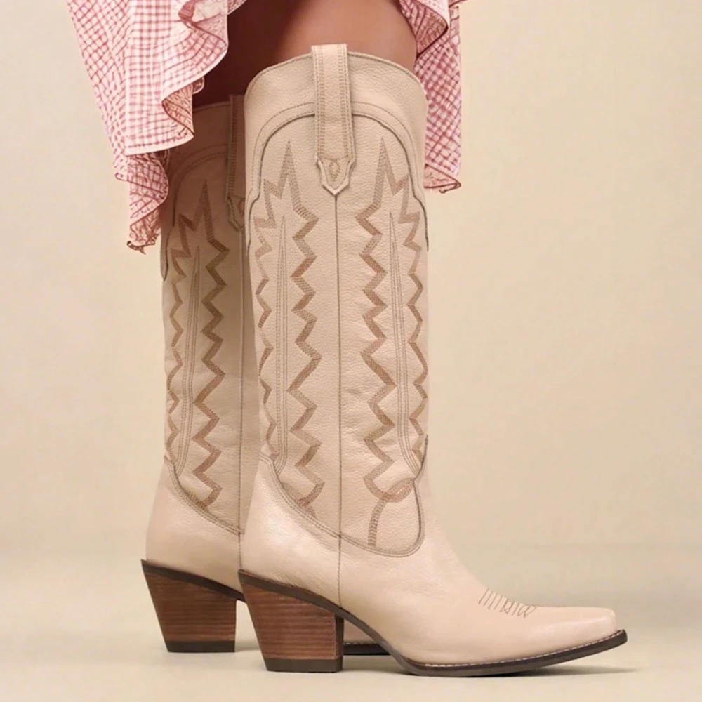 

Women's Retro Knee High Cowboy Boots Fashion Embroider Block Chunky High Heels Pointed Toe Pull On Vintage Western Cowgirl Boots