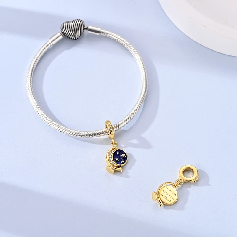 New 925 Sterling Silver Golden Luminous Flip Star Globe Charms Pendant Fit 3mm Bracelet DIY Women Birthday Jewelry Gifts