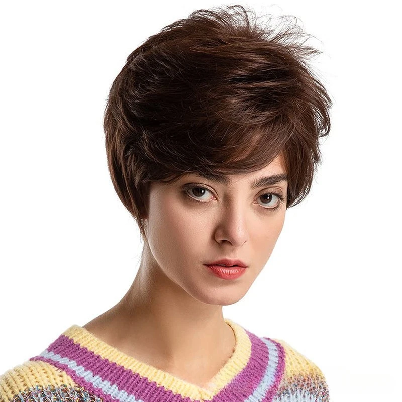 

Fashionable white women's short hair mixed with brown synthetic fiber diagonal bangs headband short wig