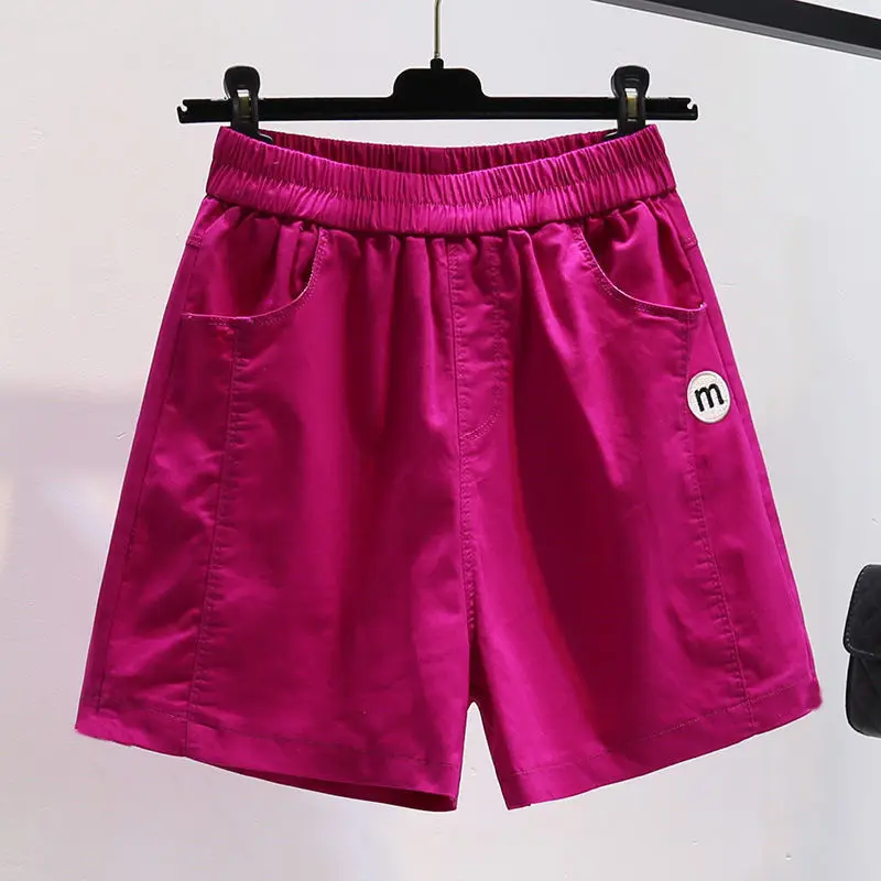2024 summer Simple High Waist Women\'s Embroid Pocket Elastic Waist Versatile A-line Loose Slimming Thin Wide Leg Casual Shorts