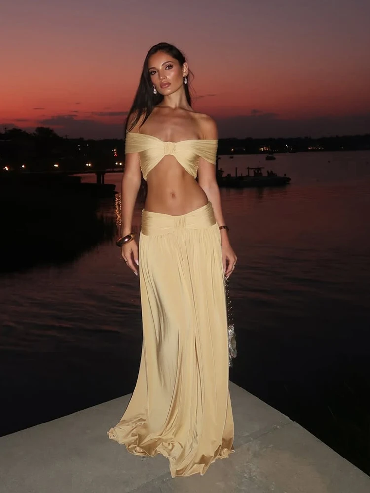 

Kliou Элегантный модный комплект из 2 предметов, женские укороченные топы с открытой спиной и открытыми плечами + трапециевидные однотонные длинные юбки, наряды для отдыха, пляжной вечеринки