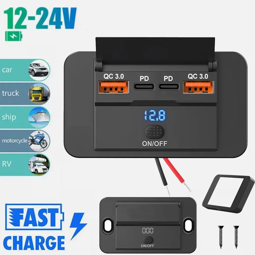 Car Charger Socket Adapter with Switch, 4-Ports Charging Splitter, Outlet for Bus, RV, ATV,Truck,Boat,Outlet,12V,24V, PD,QC3.0