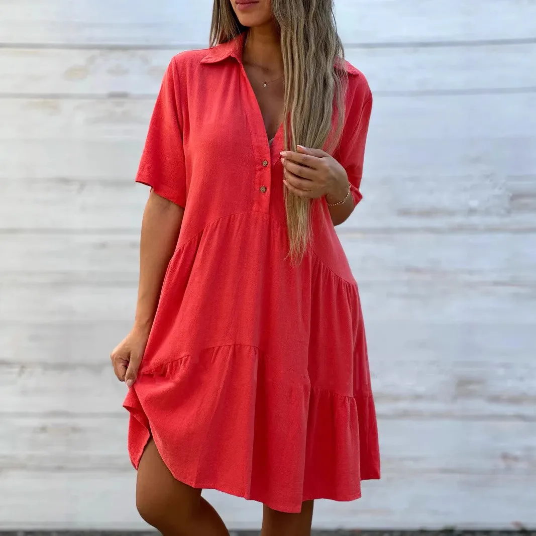 

Summer Woman Dress Short Sleeve V Neck Dresses Loose Fit Mid Waist Casual Dress Coral Tiered Skirt A Line Dress Black White Pink