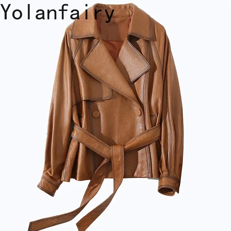 YOLANFAIRY Genuine Leather Jacket Women Vintage Style Real Sheepskin Coats Belt Spring Autumn Womens Clothing Fashion Outerwear
