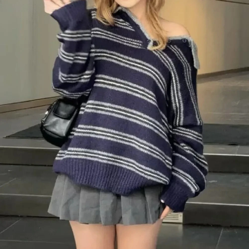 

2025 Autumn Open Buttons POLO Collar Striped Knitted Sweater Women Loose Full Sleeve Pullover Knitwear Oversized Jumper Navy
