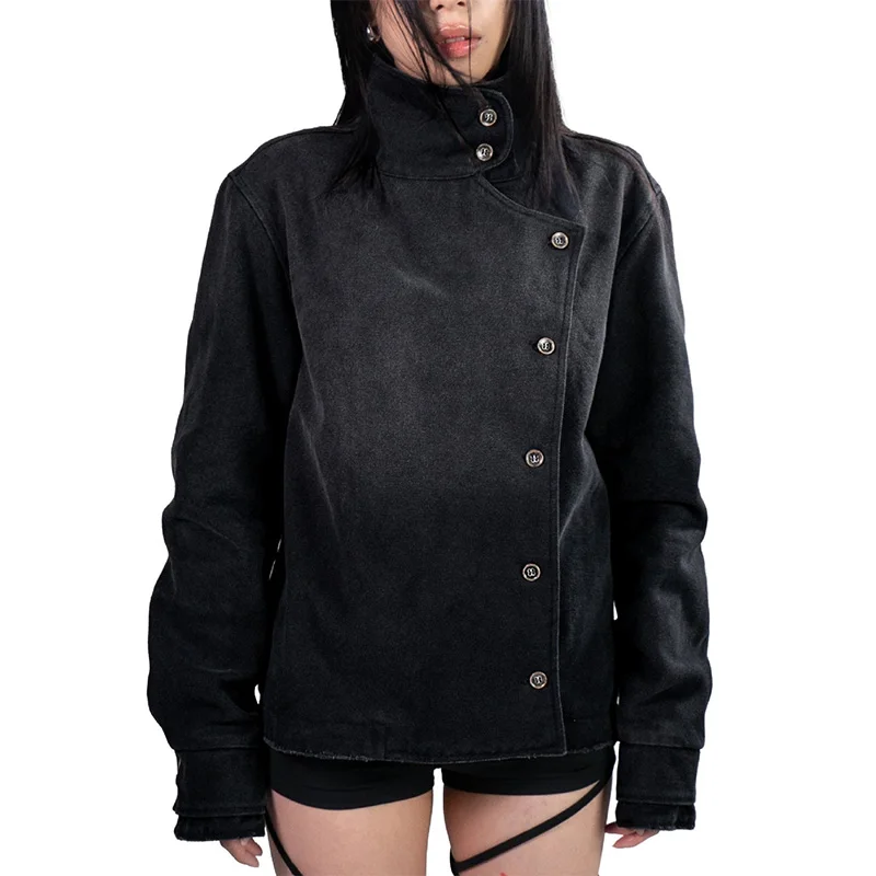 2026 Herbst Winter Unisex Gothic Asymmetrische Knopf-Cropped-Jacke Vintage Gewaschener Schwarzer Stehkragen Streetwear-Mantel – Detail 6