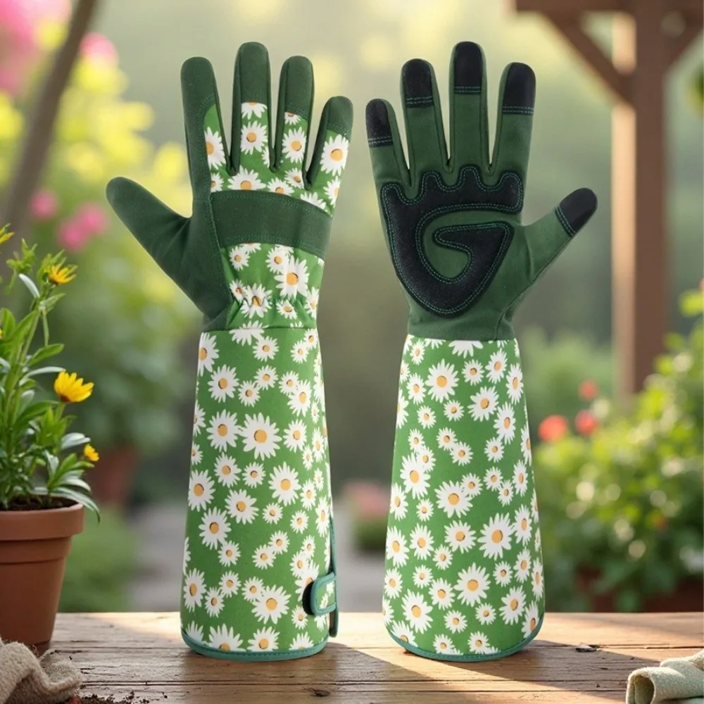 1 Pair Daisy Pattern Gardening Gloves Long Elbow Design Durable Thorn Proof Gloves Touch Screen Feature Rose Pruning Gloves