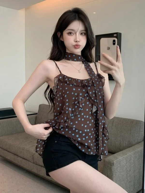 Retro Pure Desire Wave Dot Sash Strap Vest Holiday Style Slim Wrap Chest One Shoulder Top Women's Sexy Style Other Material 100%