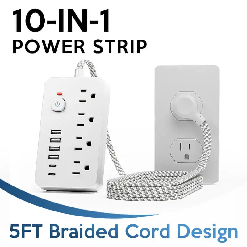 Versatile 10-in-1 Power Hub with Surge 5ft Protection - Includes 4 AC Outlets, 4 USB Ports & Dual Type-C