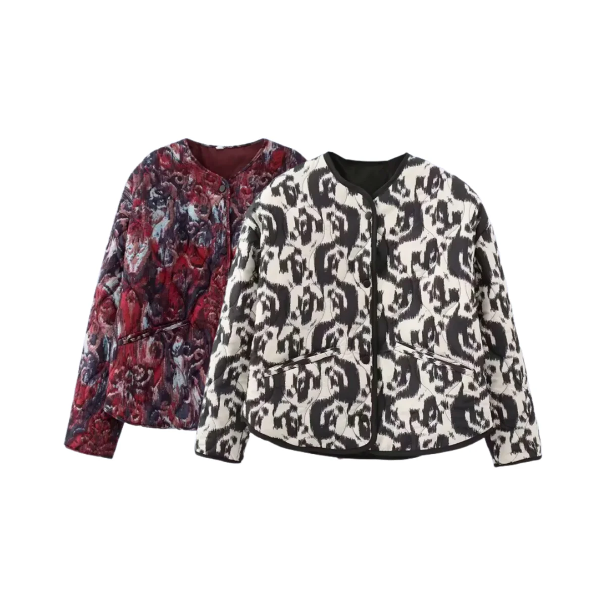 

PB&ZA2025 autumn new women's fashion temperament versatile loose casual printed round neck long-sleeved cotton jacket