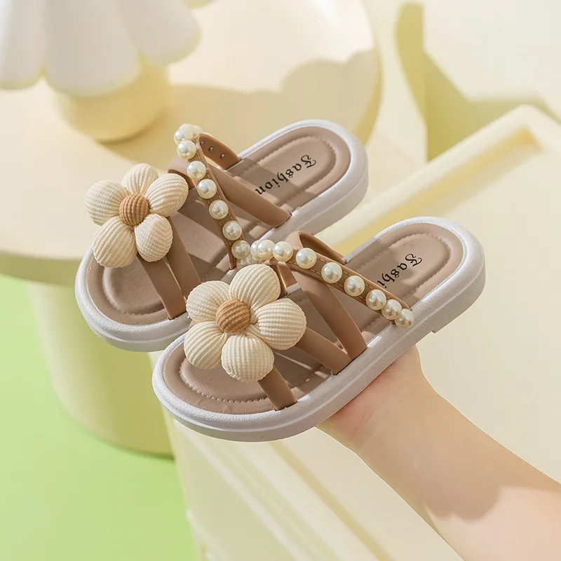 ์ฌ๋ฆฌํผ Summer Girls Slippers Thick Sole Flower Kids Home Shoes Soft Sole Anti Slip Outdoor Flip Flops Cute Princess Beach Slides