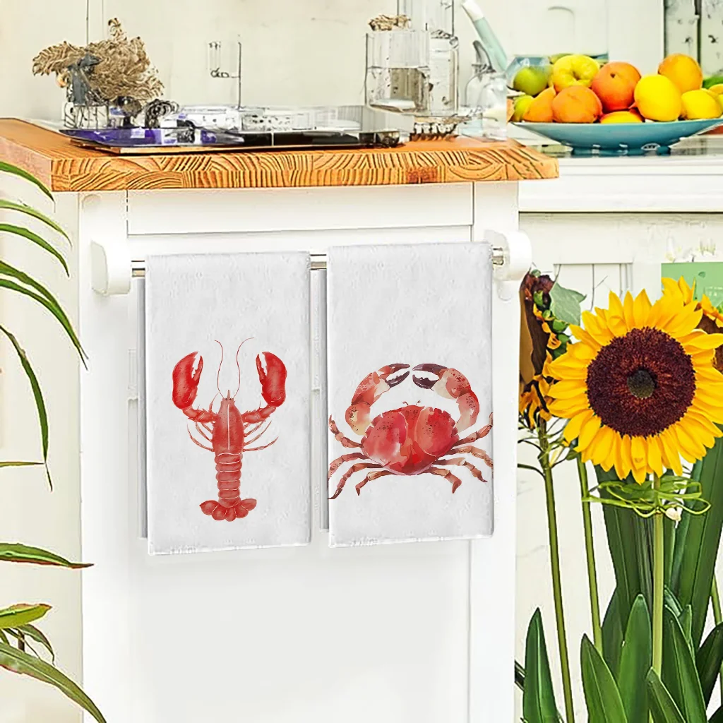 2Pcs, Watercolor Lobster and Crab Style Kitchen Towels, Super Absorbent Soft Cleaning Cloth, Cooking and Baking Tea Towels, Tea Towels, Hand Towels, Cleaning Cloths, Dishcloths, Kitchen Decoration, Living Room Decorations, Kitchen Essentials, Home Essentials