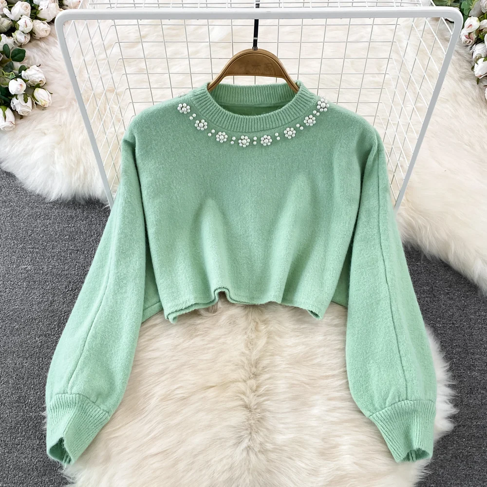 2024 France New Autumn Fashion Knitted 2 Piece Set Women Breading Long Sleeve Pearl Top Knitted Camis Dress Female Sweater Suits