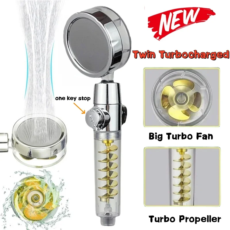Nova cabeça de chuveiro de alta pressão dupla turboalimentada cabeça de chuveiro handheld turbo ventilador hélice chuveiro uma chave parar massagem chuveiro