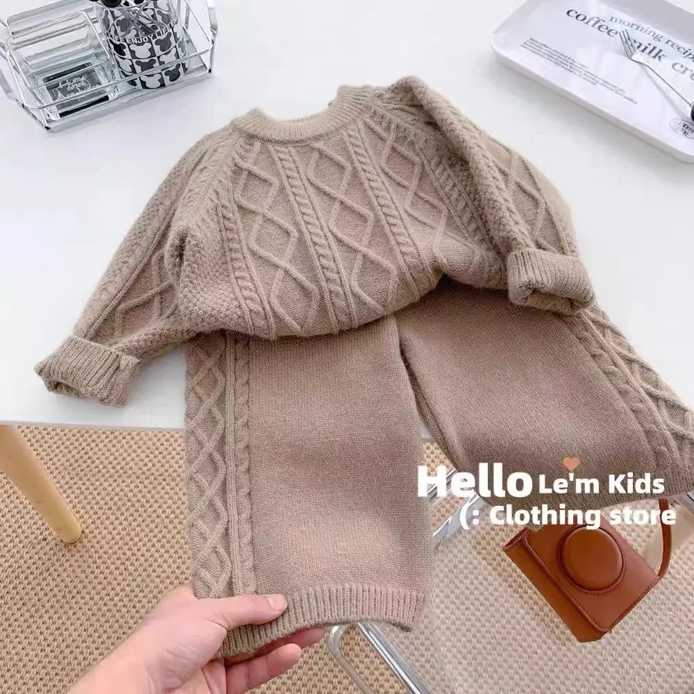 Girls Autumn Knitting Sweater Sets Pullover Girls Clothing Sets Winter Korean Sweater Pants Children Knitted Wool Trouser Suits