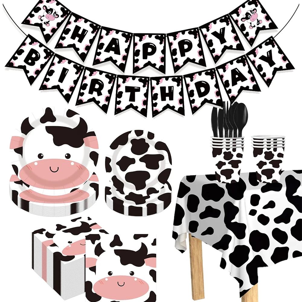 Niedliches Kuh-Themen-Partyset, Bauernhof-Tier Geburtstagsdekoration, Moo Tischgeschirr-Set mit Papptellern, Bechern, Tischdecke, Babyparty- und Kinderfavors – Detail 3