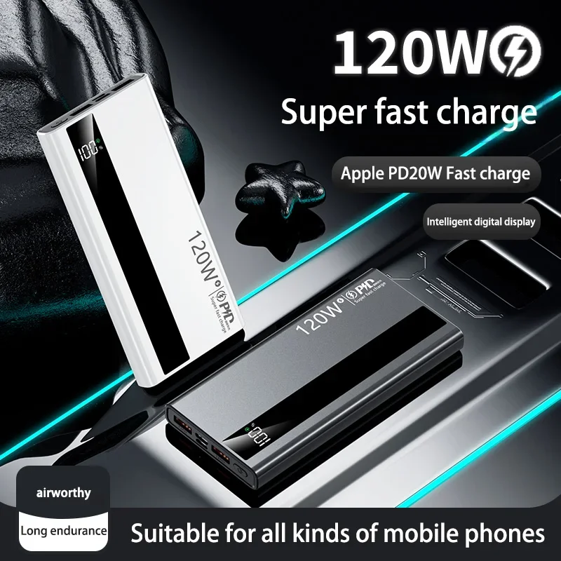 Banca di alimentazione a ricarica super veloce da 120 W 200000 Power Bank portatile di capacità ultragrande mAh con display digitale a LED per Samsung Xiaomi