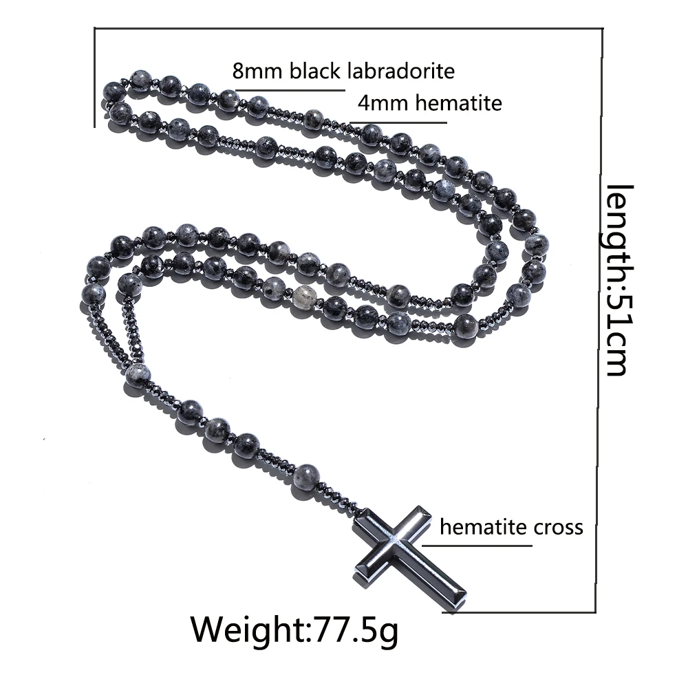 Black Labradorite Catholic Christian Rosary Beaded Necklace Cross Pendant Men and Women Meditation Yoga Mala Jewelry
