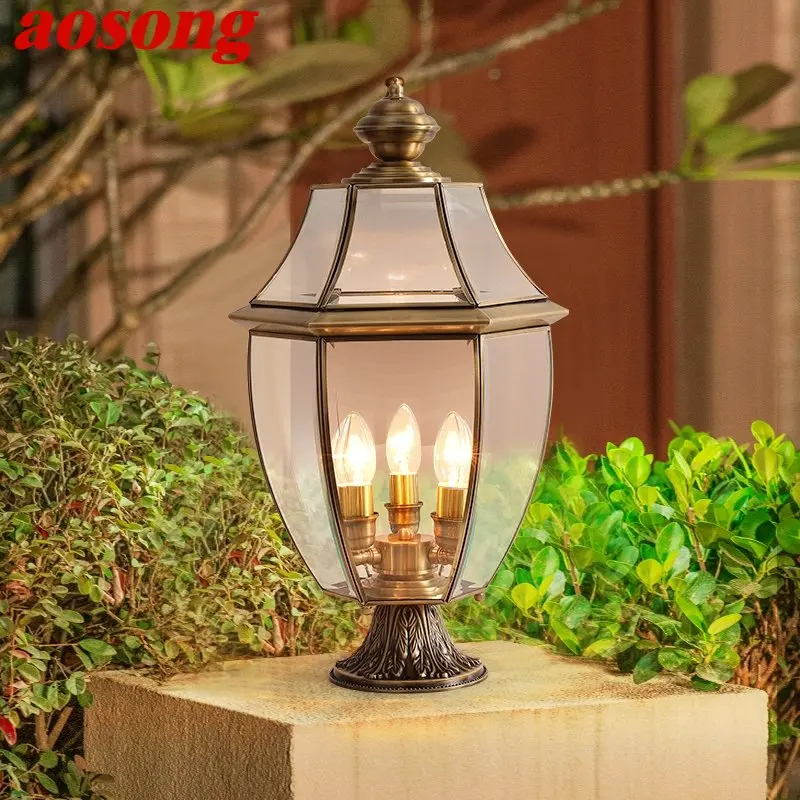 AOSONG-luz de latón clásica para exteriores, luz de paisaje de jardín, pilar de Patio Simple, impermeable IP65, lámpara de poste LED para Patio Retro