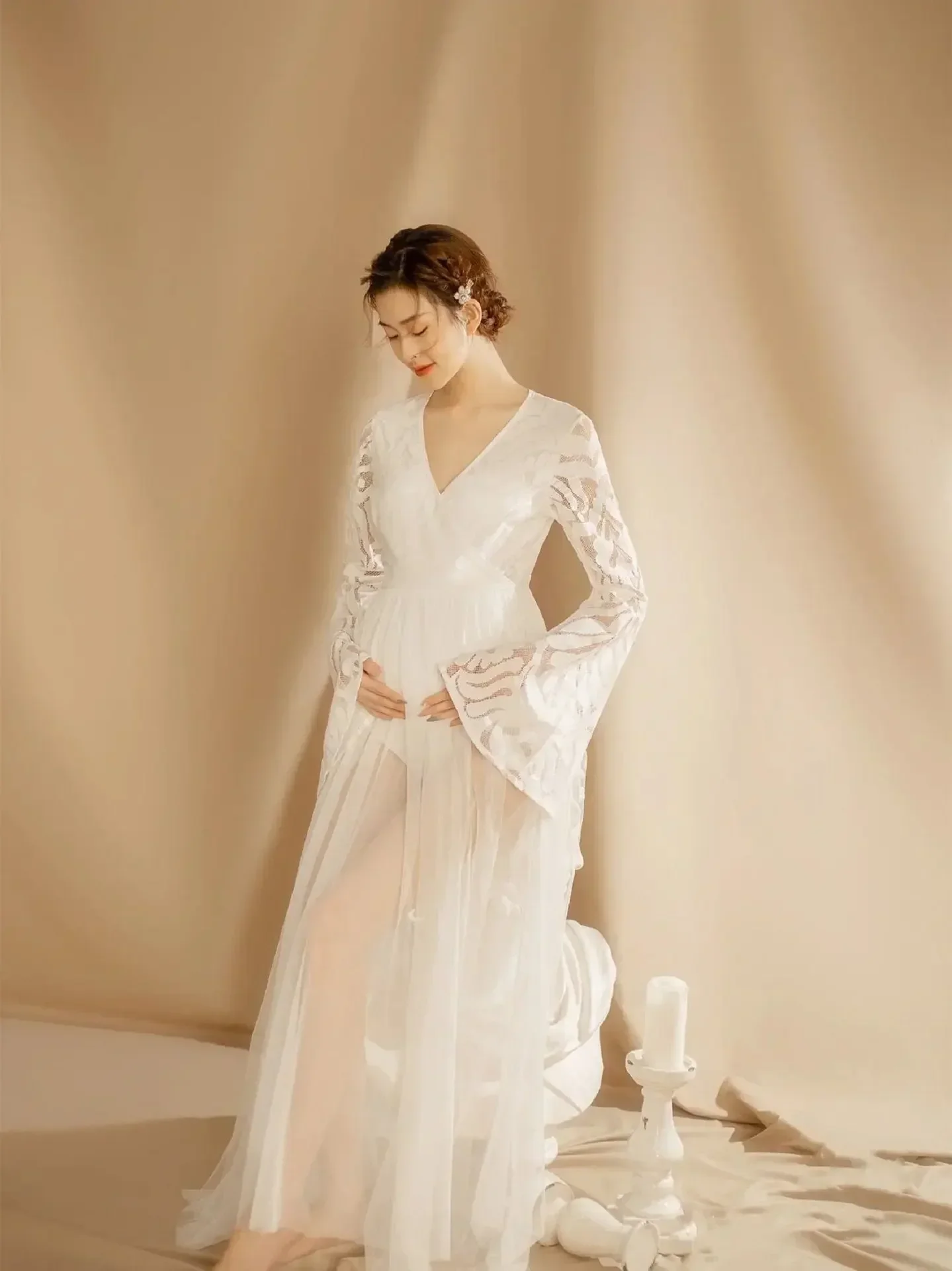 2022 사진 촬영을위한 Boho 출산 카디건 드레스 보헤미안 v 넥 임신 출산 사진 자수 드레스