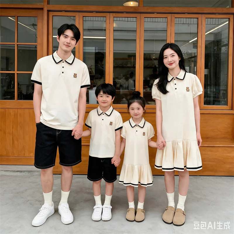 2026 Summer Family Matching Outfits Father Son Polo Shirts Mother Daughter Puff Sleeve Dress Cartoon Bear for Family Photoshoot