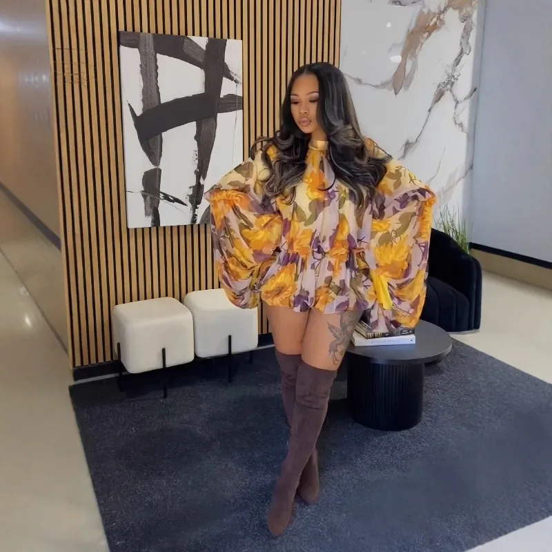 

Floral Print Holiday 2 Piece Set Women Fashion O Neck Lantern Long Sleeve Blouse Tops + Knickers Shorts Casual Streetwear Suits