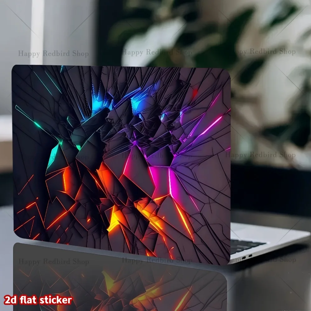 

A set of 2 colorful neon geometric laptop stickers featuring dynamic lighting effects, a modern technological aesthetic