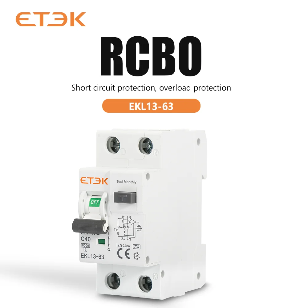 ETEK RCBO Typ A 1P+N Automatyczny wyłącznik różnicowoprądowy z zabezpieczeniem przed nadprądem i upływem prądu 6KA 2P DPN 30mA EKL13