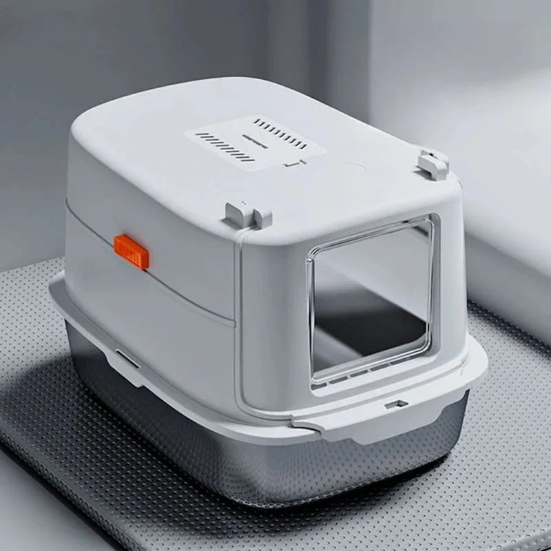 

Fully enclosed, stainless steel, cat litter box, oversized, giant, closed, splash-proof, extra wide, raised cat toilet