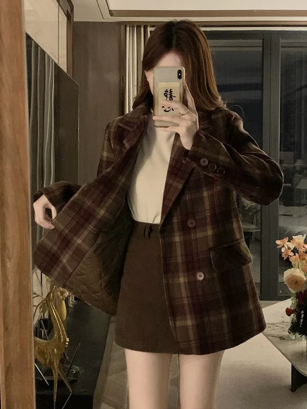Retro Plaid Cotton Woolen Suit Jacket Women's Spring Autumn plus Size Loose High Waist Slimming Elegant Coat Korean Style