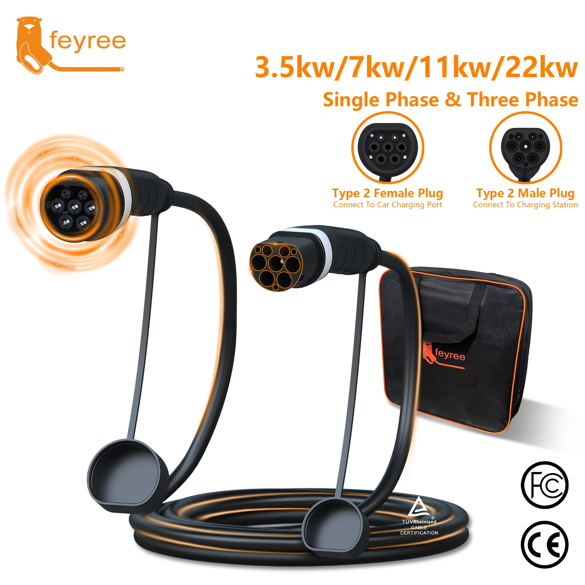 Feyree EV Charger Type2 to Type2 Charging Cable 32A 7KW 1Phase 16A 3.5KW 11KW 22KW 3Phase Charger Station for Electric Vehicle