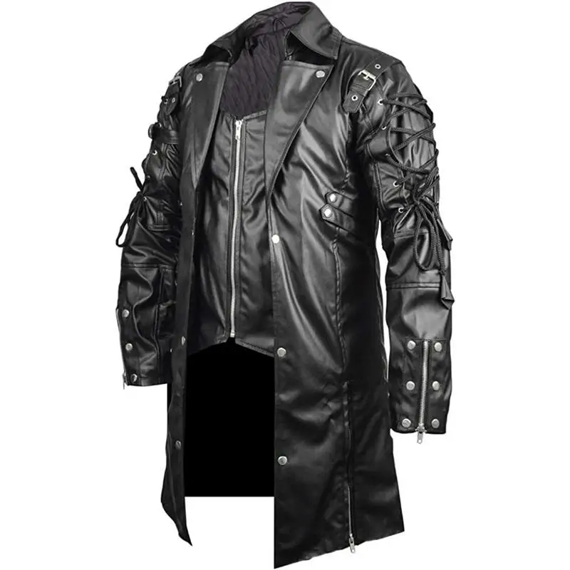 Long Leather Jacket Men Gothic Vintage PU Leather Trench Coats Fashion Moto Biker Outwear Mens Punk Style Motocycle Jackets Man