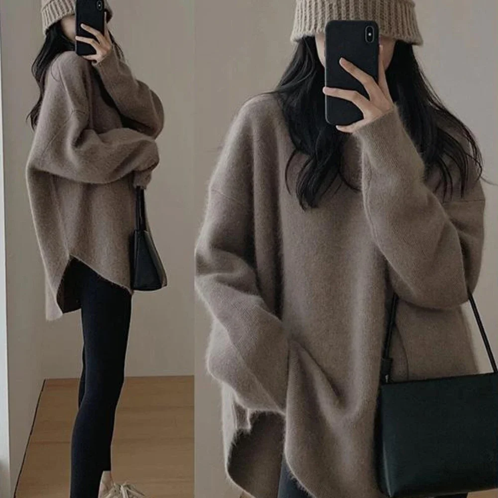 White Round O Neck Knitted Top for Women Pullover Black Ladies Sweaters Long Y2k Fashion Korea Vintage Trend 2023 Sleeve New In