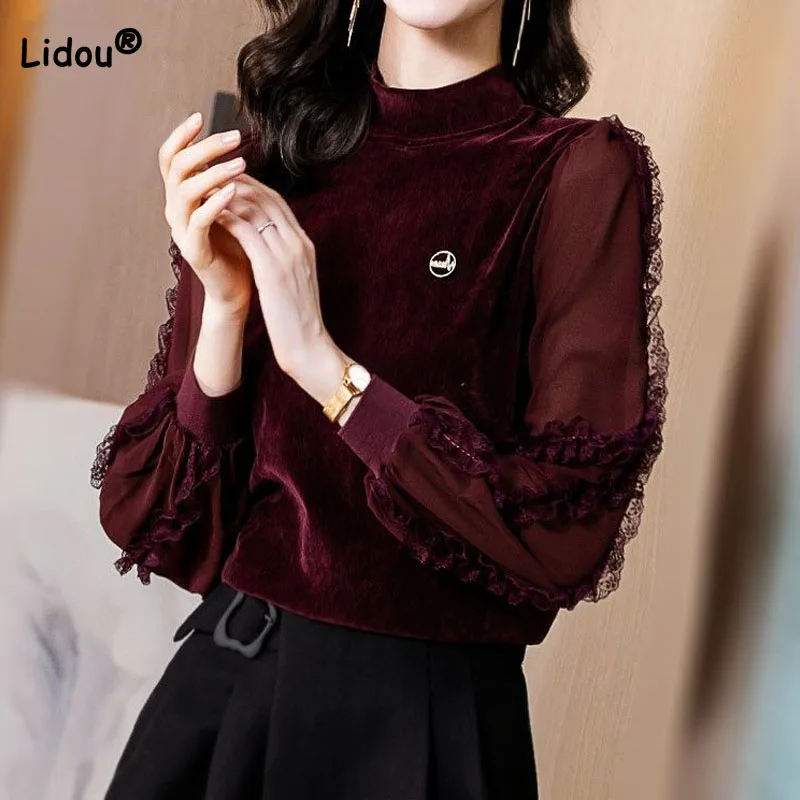 

Lace Spliced Fashion Solid Color Tops Women's Clothing Autumn Winter Elegant Vintage Simplicity Round Neck Long Sleeve T-shirt