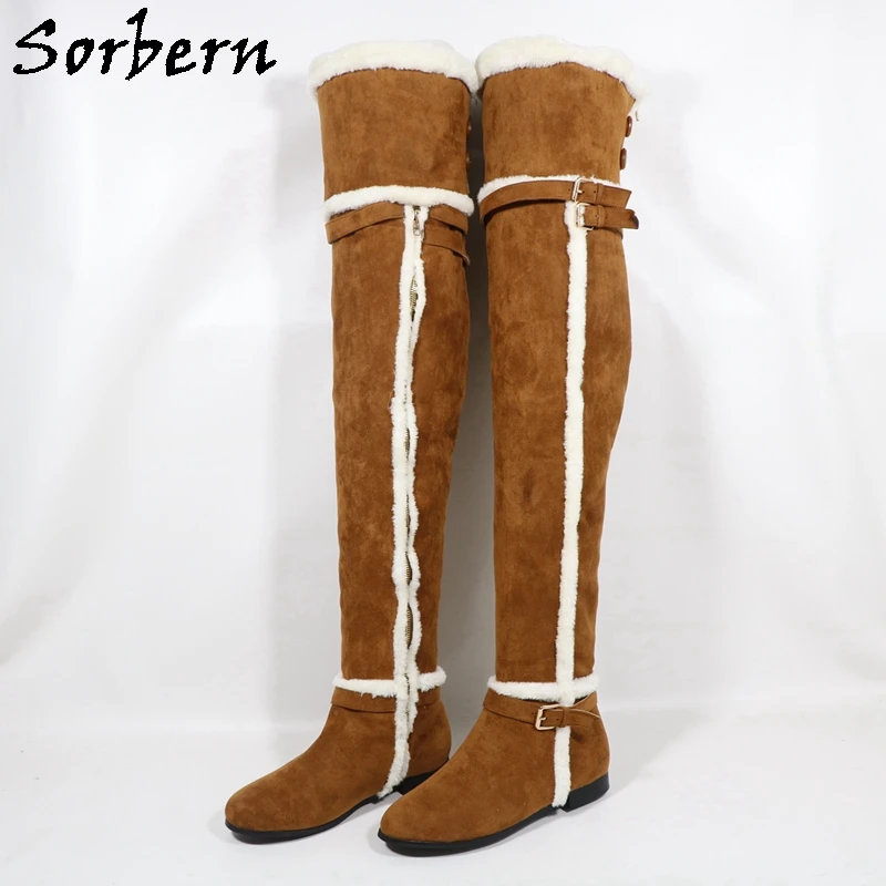 Sorbern Brown Winter Over The Knee High Women Boots Flat Round Toe Zipper Custom Plus Size EU 46 47 48 Spring Style