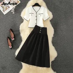 Women Summer Graceful White V-Neck Shirt A-Line Skirt Two Piece Set 2022 Ladies Elegant Outfits Fashion Joker Streetwear Female