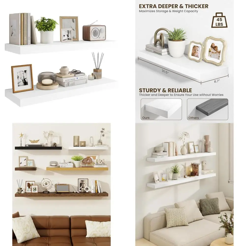 

Set of 2 Rustic White Wooden Floating Shelves with Hidden Brackets for Wall Mounting in Kitchen, Bathroom, Living Room, and Stud