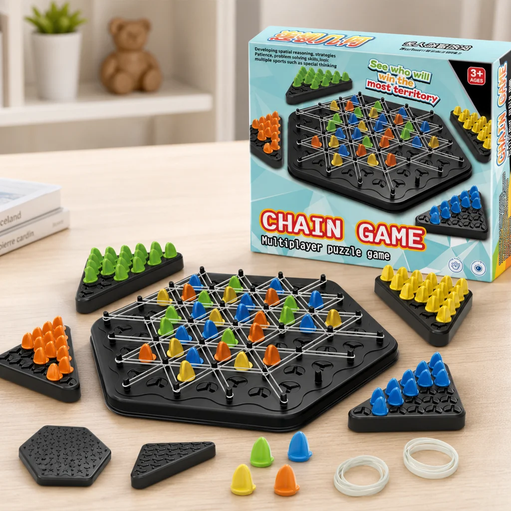 Chain Triangle Chess Game, Triggle Rubber Band Board Game, 2-4 Players Hexagonal Board, Family Party Table Game for Kids/ Adults view 3