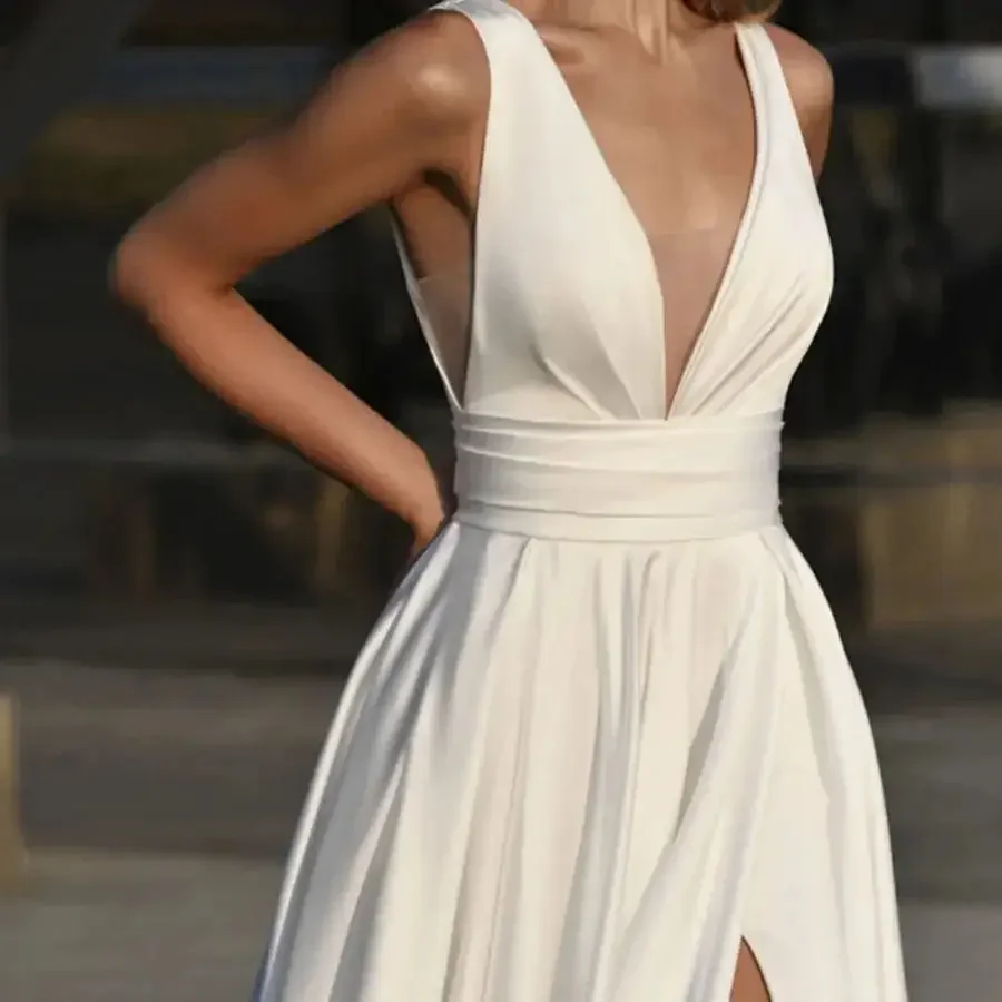 Vestido De novia De línea A para mujer, prenda elegante De satén con abertura lateral, longitud hasta el suelo, hecho A medida, con bolsillo