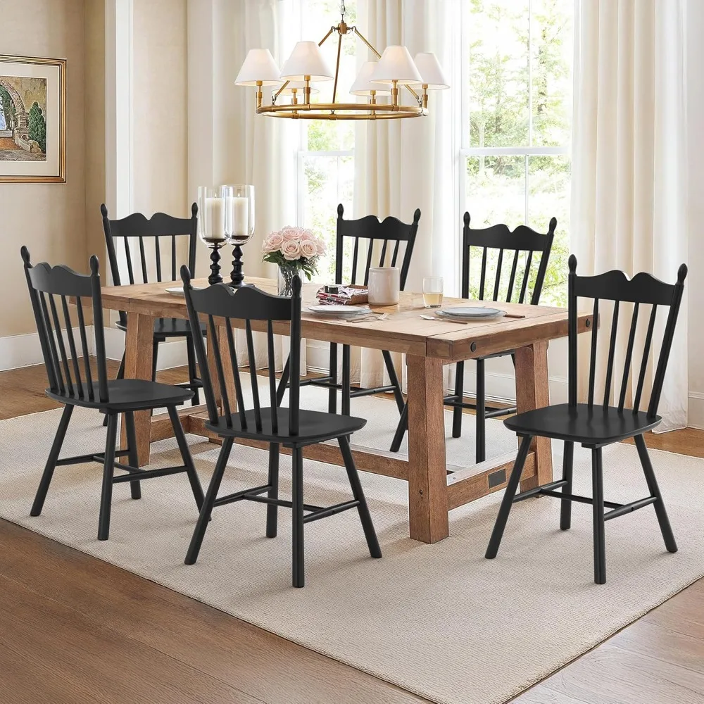 

Black Dining Chair Set of 6, Windsor Wood Dining Chairs with Padded Backs, Modern and Mid-century Kitchen Chairs