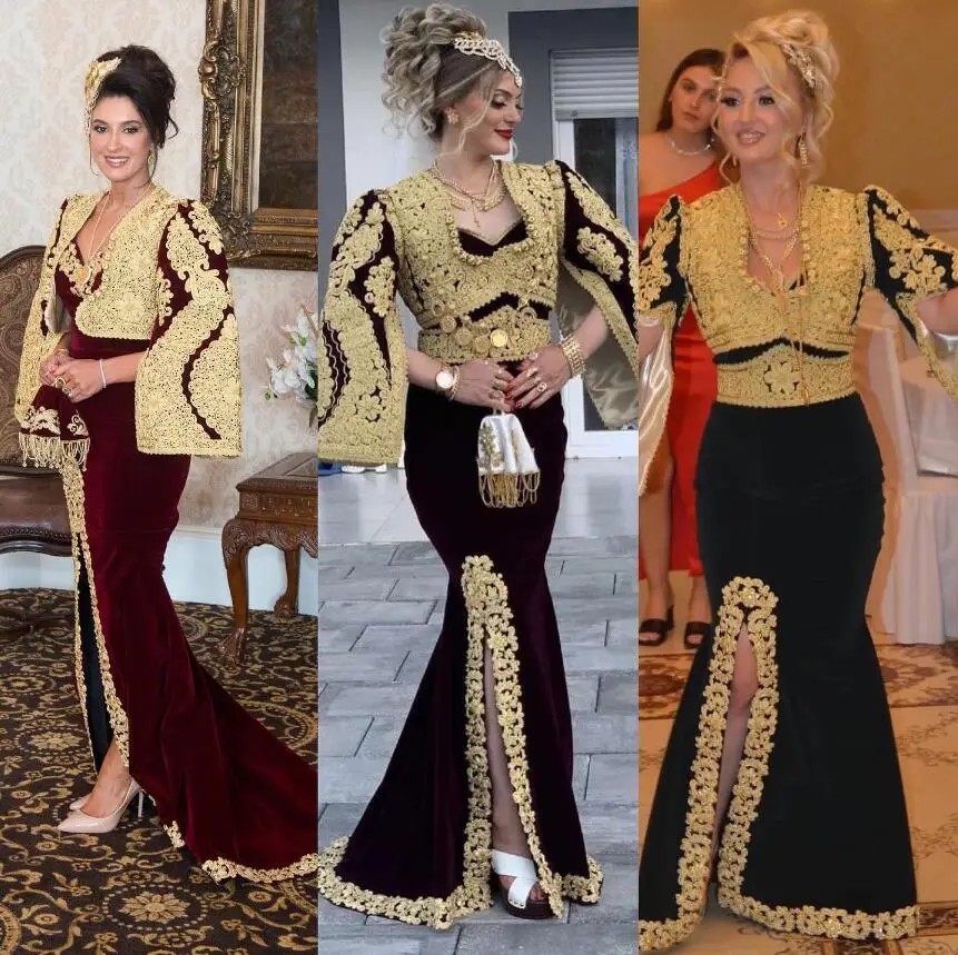 Black Burgundy Velvet Albanian Prom Dress for Women Gold Applique Slit Dubai Caftan Kosova Trumpet Evening Gowns