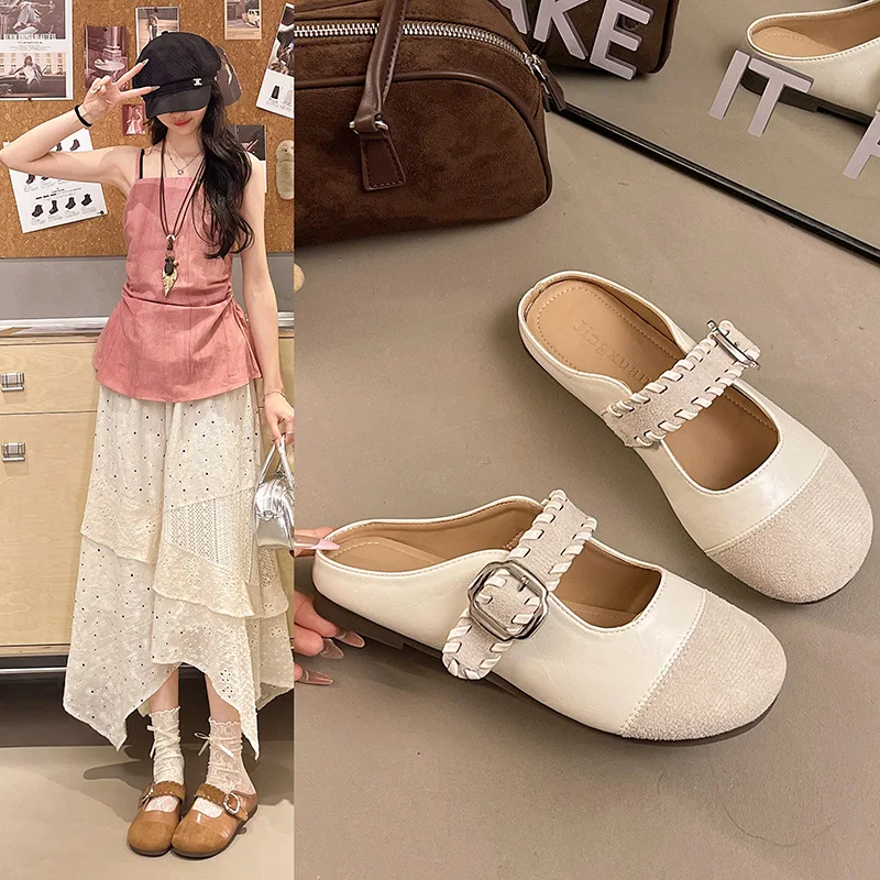 

Women's French Retro Half Slippers Soft Flat Bottom One-Step Stepping Baotou Slippers New 2026 Comfortable Slip-On Footwear