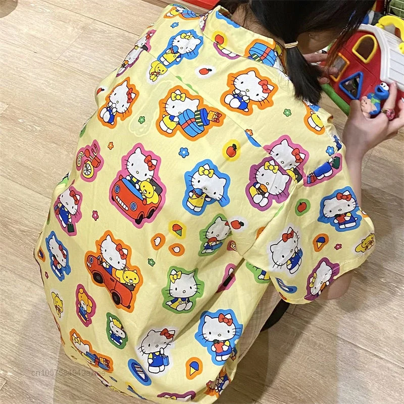 Sanrio Hello Kitty Baju Musim Panas Kaus Lengan Pendek Kuning Baru Kaus Perancang Mode Antik Atasan Kasual Kartun Wanita Y2k