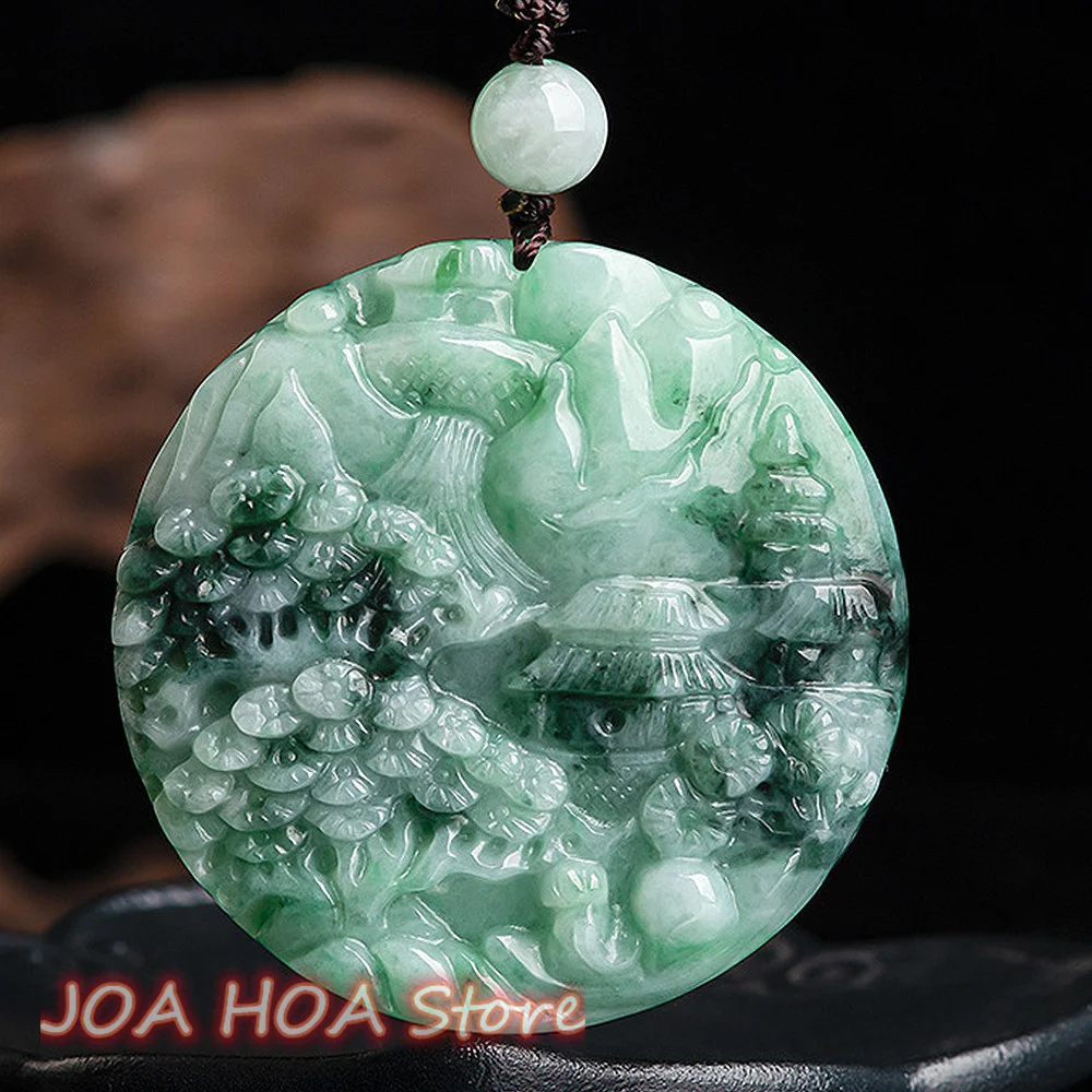 

Natural Myanmar A Goods Jadeite Landscape Brand Ice Pendant Floating Green Flower Jade Brand TOP Quality Jewelry