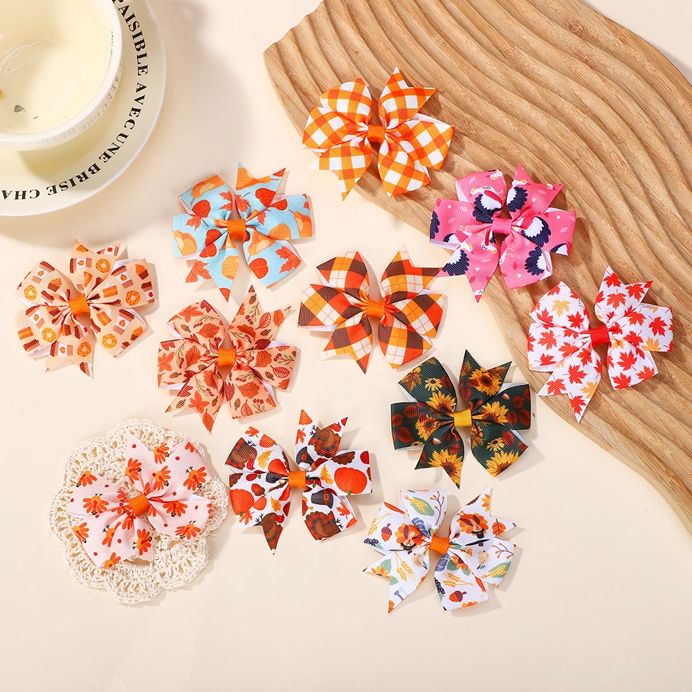 

RIBBON BOWS 2pcs Orange Geometric Printed Bow Hair Clip Girls Ribbon Bow Hair Clip Barrette Children's Thanksgiving Headpiece