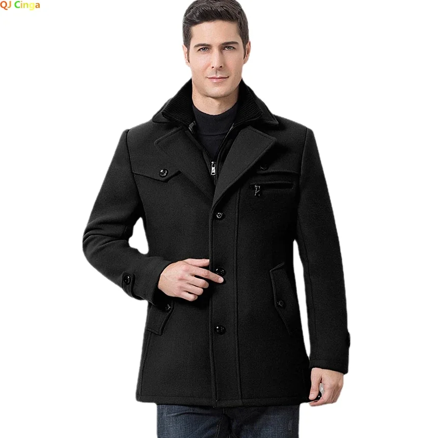 

Winter New Men's Medium-length Tweed Jacket Business Casual Trench Coat Black Gray Burgundy Khaki Outerwear Male Windbreaker