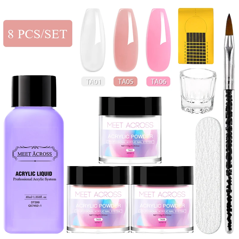 MEET ACROSS 10g Conjunto de pó acrílico com líquido acrílico para unhas francesas Extensão rápida Ferramenta de manicure sem necessidade de cura de lâmpada