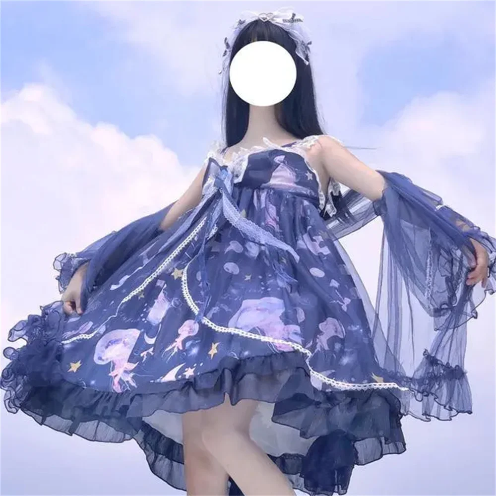 Diepzee Kwallen Blauw Vestidos Zoete Prinses Lolita Jurk Kawaii Meisjes Victoria Kant Ruche Grote Strik Cosplay Lolita Jsk