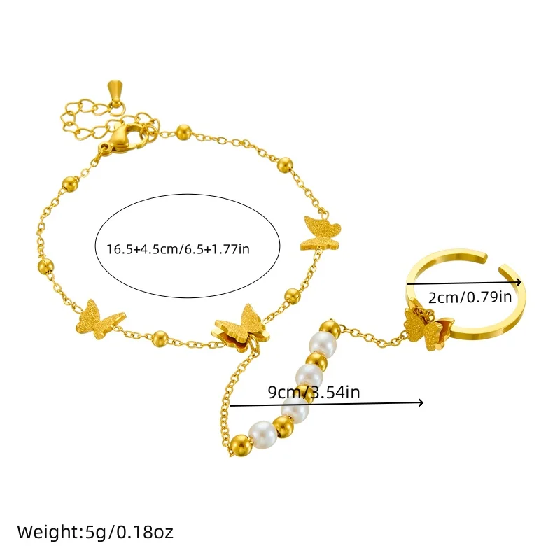 DIEYURO 316L Stainless Steel White Shell Solid Butterfly Finger Ring Chain Bracelet For Women New Fashion Jewelry Party Gifts image 2
